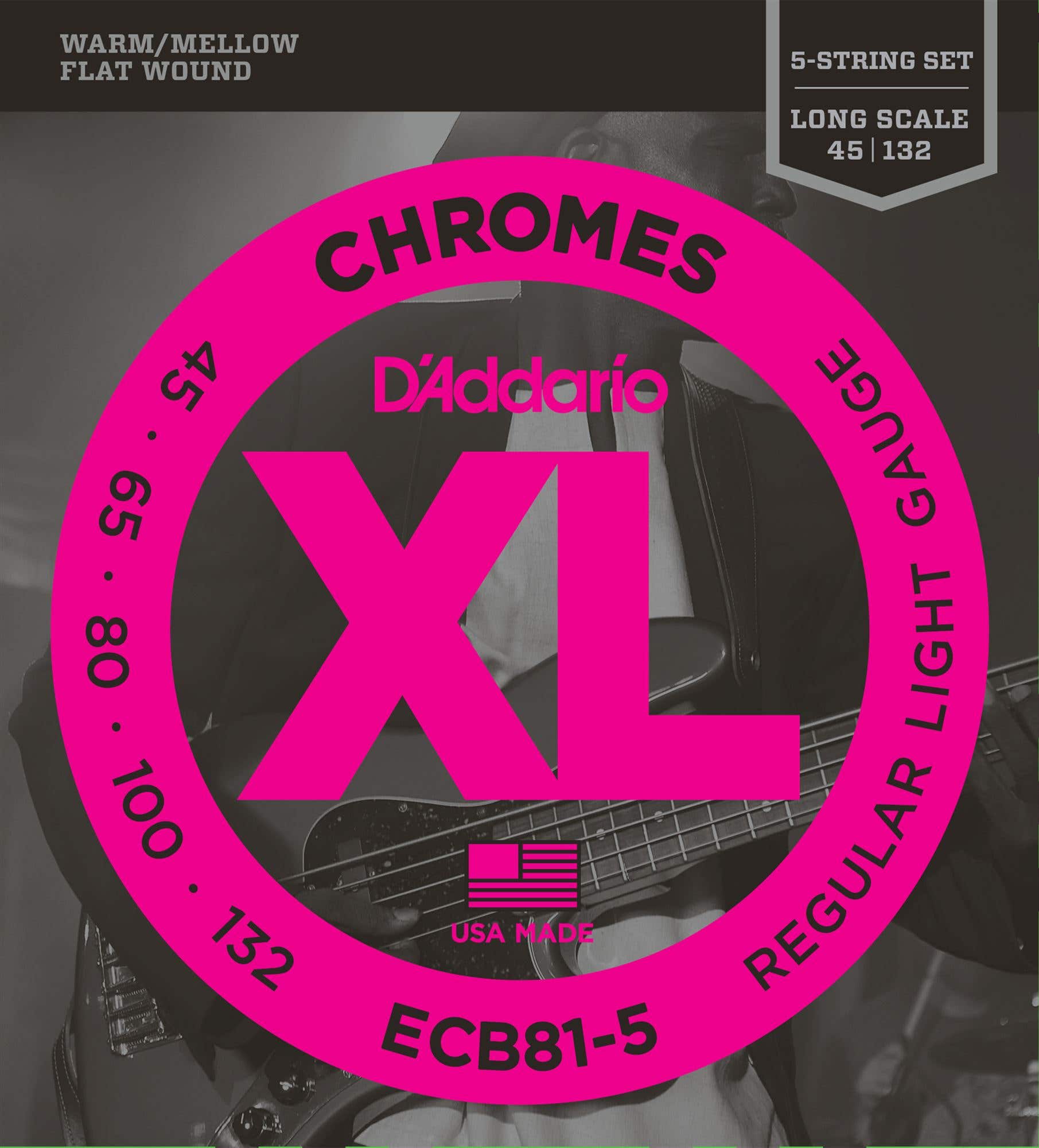 D'Addario ECB81-5 Chromes XL Flatwound 5-String Bass Guitar Strings