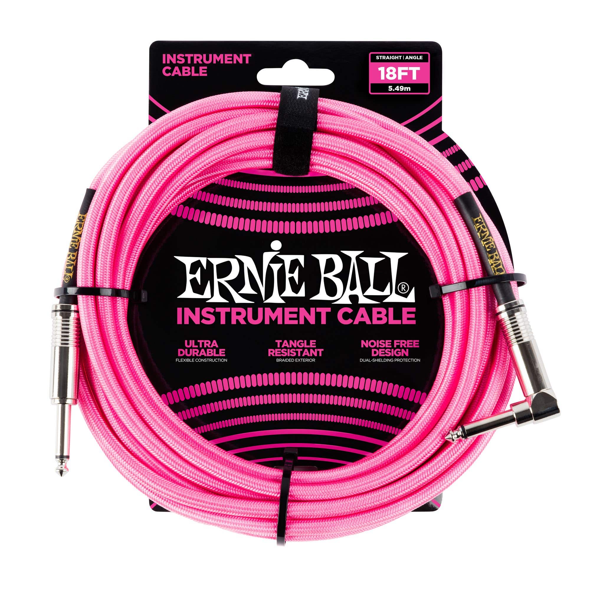 Ernie Ball P06083 Braided Right Angle Instrument Cable 18' Neon Pink