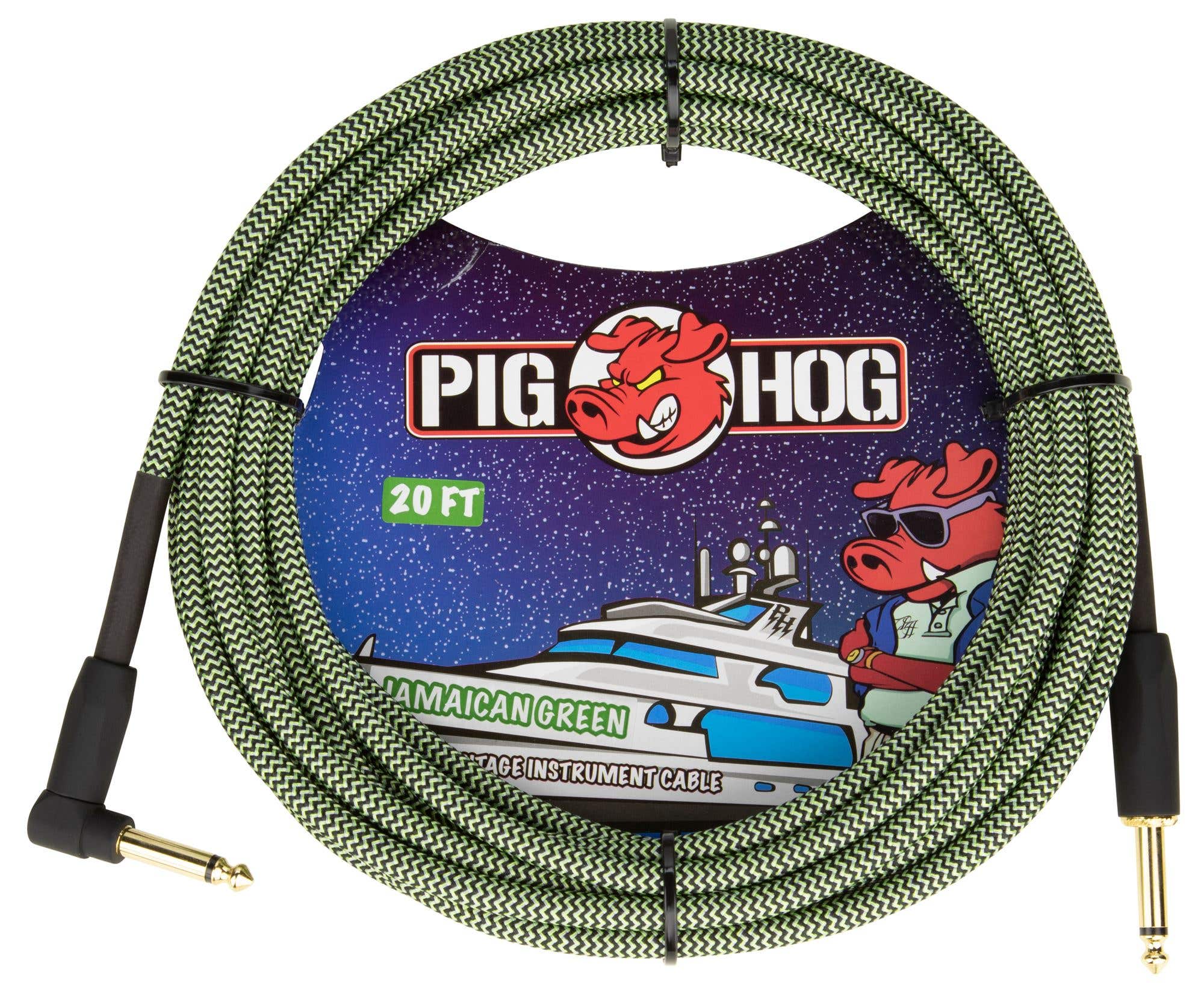 Pig Hog PCH20JGRR Instrument Cable Right Angle Jamaican Green 20 Feet
