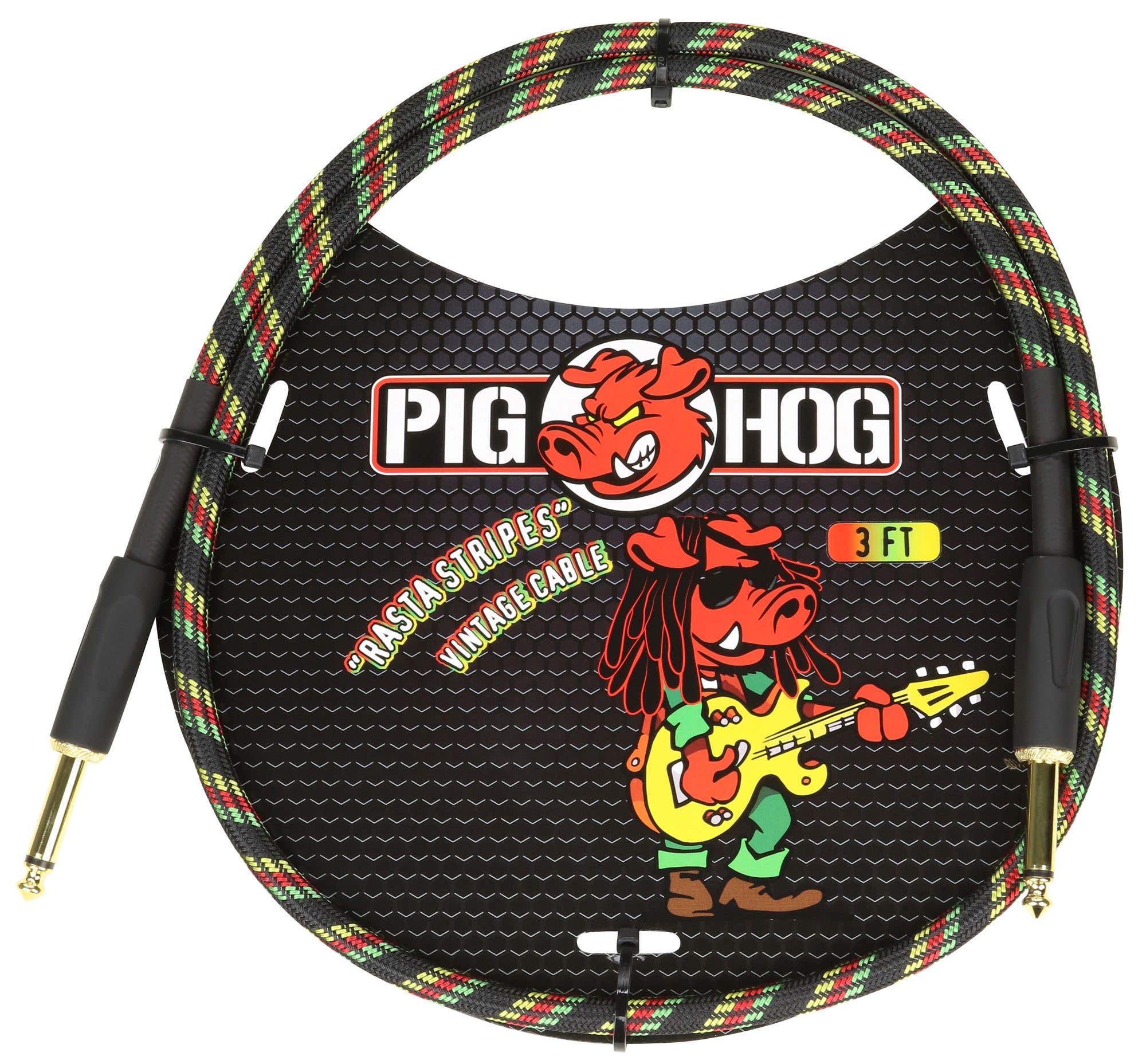 Pig Hog PCH3RA Rasta Stripe 1/4" to 1/4" Instrument Patch Cable 3 ft