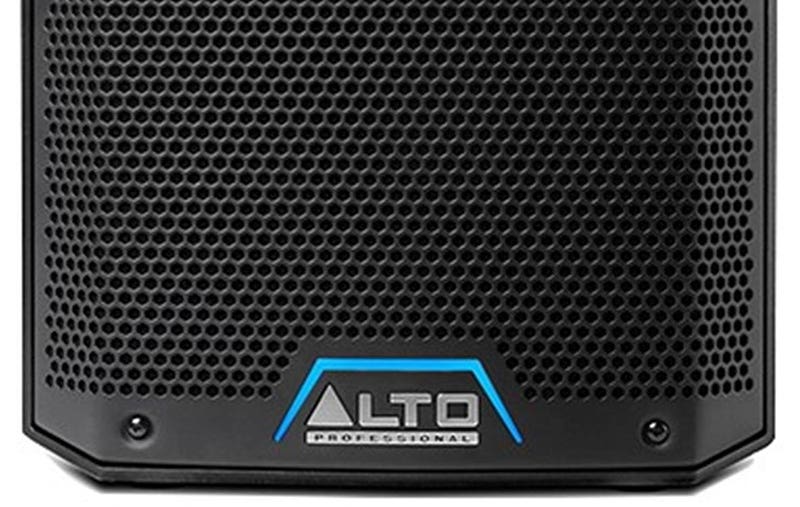 Front view of an Alto TS408 Professional powered PA speaker with black grille and blue logo.