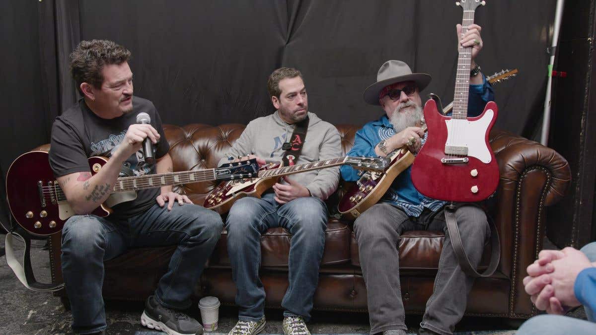 Blood Brothers Mike Zito, Albert Castiglia, and Jimmy Vivino with red Epiphone Coronet