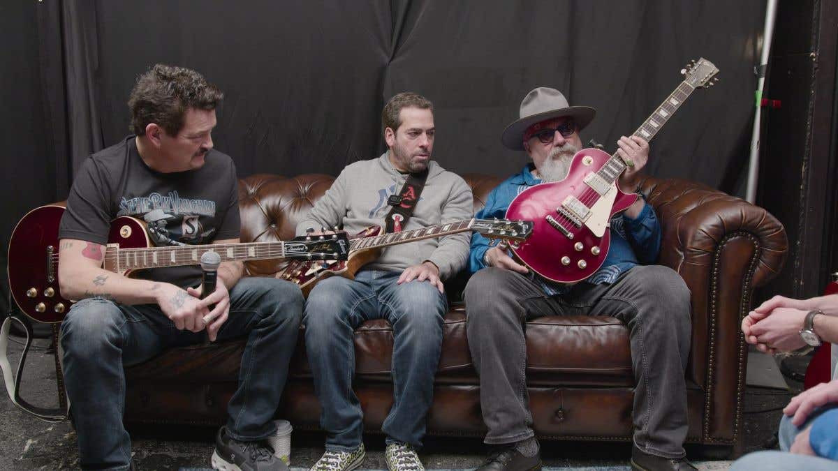 Blood Brothers Mike Zito, Albert Castiglia, and Jimmy Vivino with red Gibson Les Paul Standard guitars