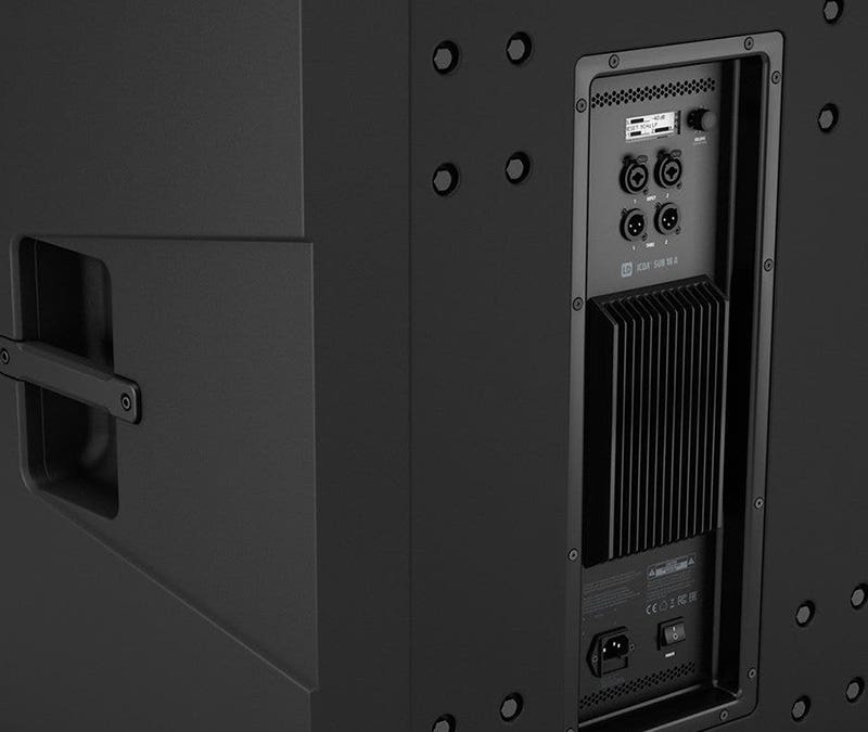 Rear angled view of an LD Systems ICOA 18A powered subwoofer showing control panel, cooling vents, and side carry handles.