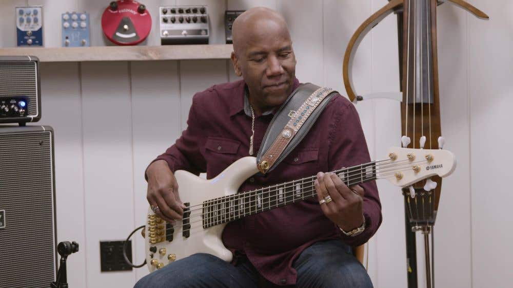 Nathan East playing electric bass through his Signature Laney Digbeth bass amp head at American Musical Supply