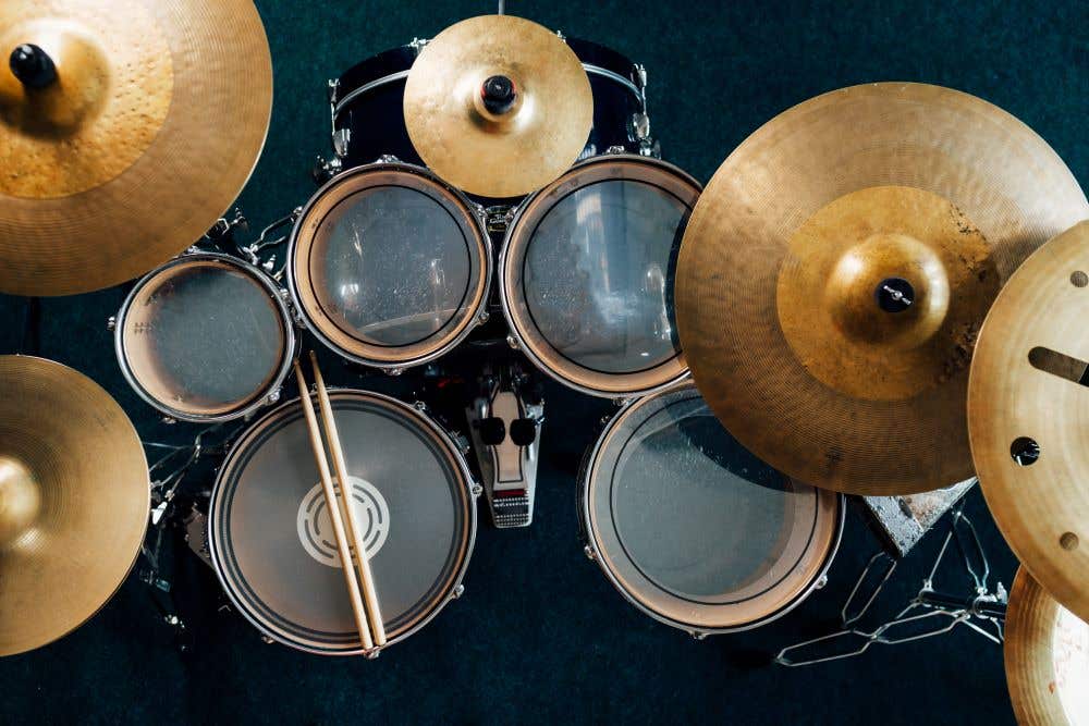 Acoustic drum set overhead shot