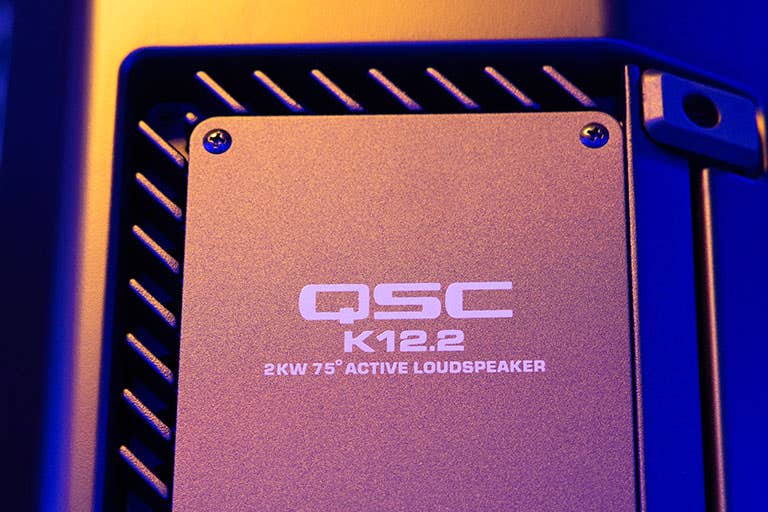 Closeup of a QSC K12.2 active loudspeaker.