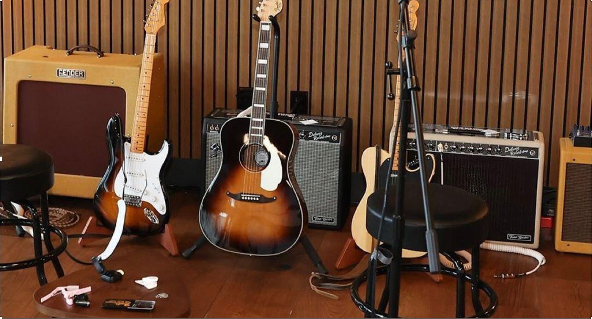 Fender acoustic and fender guitars and amplifiers