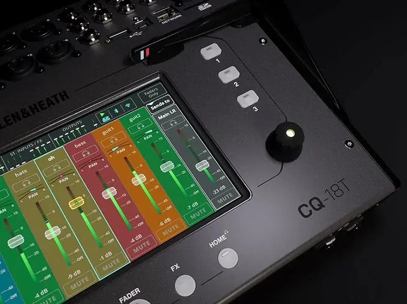 Alt tag:	Live audio board with digital interface and colorful faders.