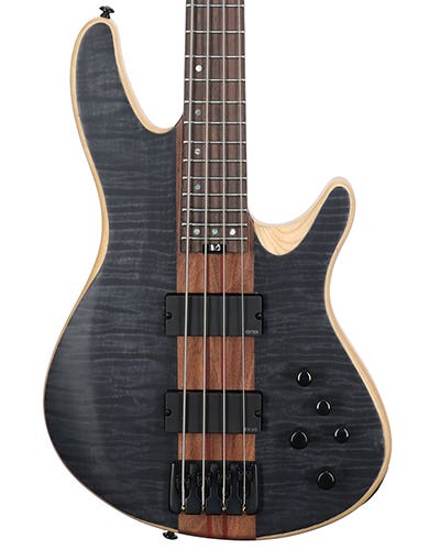 Close-up flamed maple Schecter five-string bass body